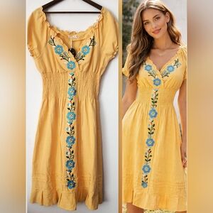 Yellow FLORAL Boho EMBROIDERED Cotton Dress Smocked Waist Folk MIDI Women's XL